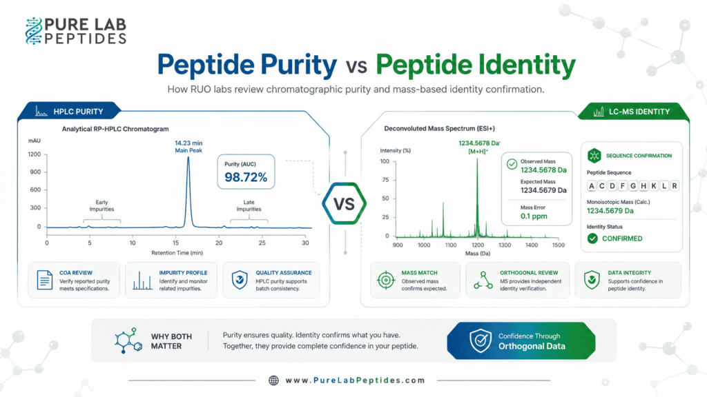 Peptide Purity vs Peptide Identity research graphic showing HPLC and LC-MS documentation context
